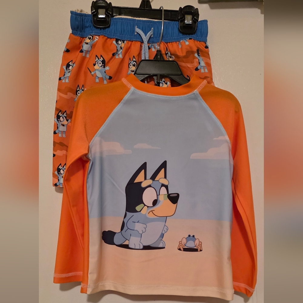 Kids Bluey Swim Trunks and Shirt Set - Orange and Blue